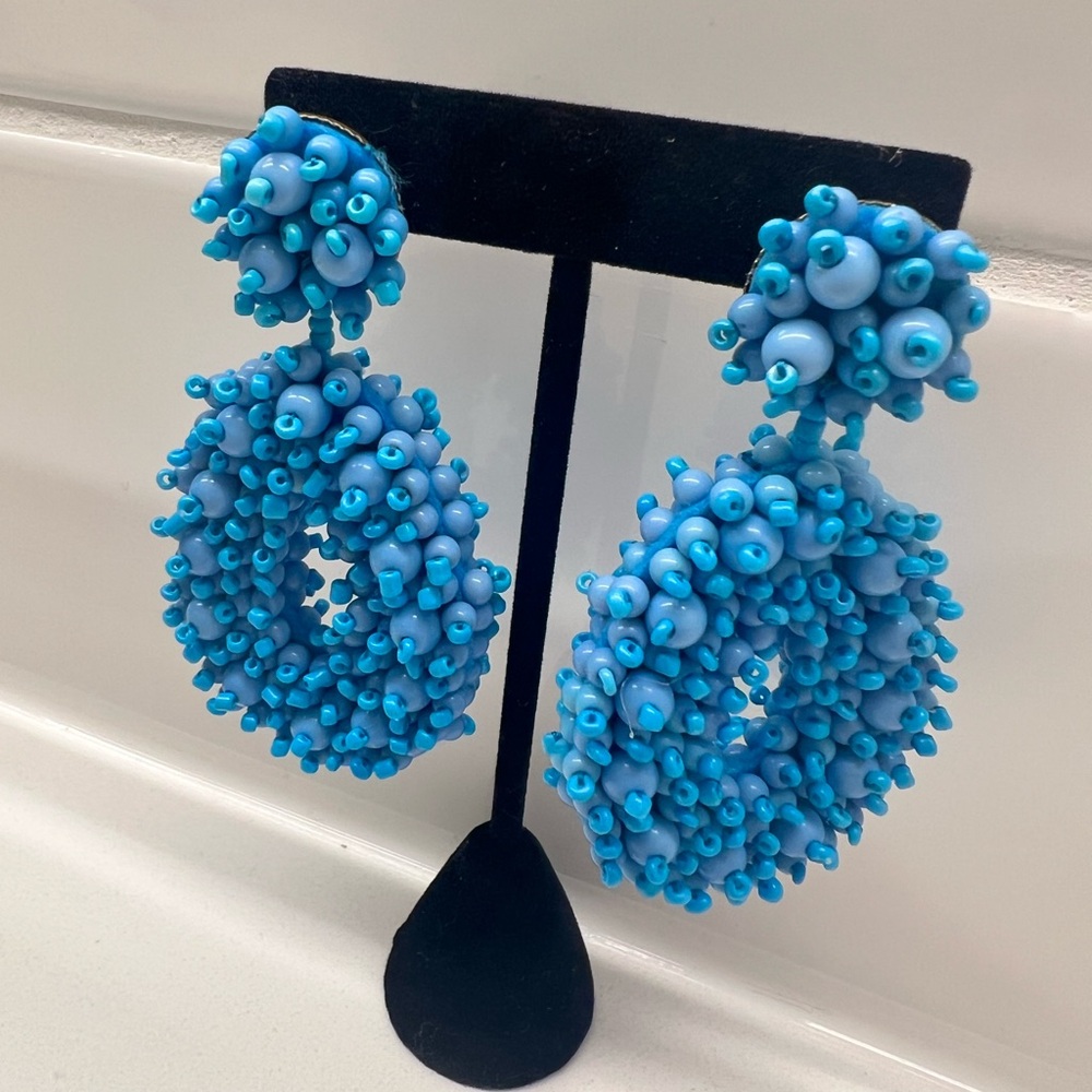 Blue Turquoise Beaded Statement Drop Earrings 3.5” Resort Style